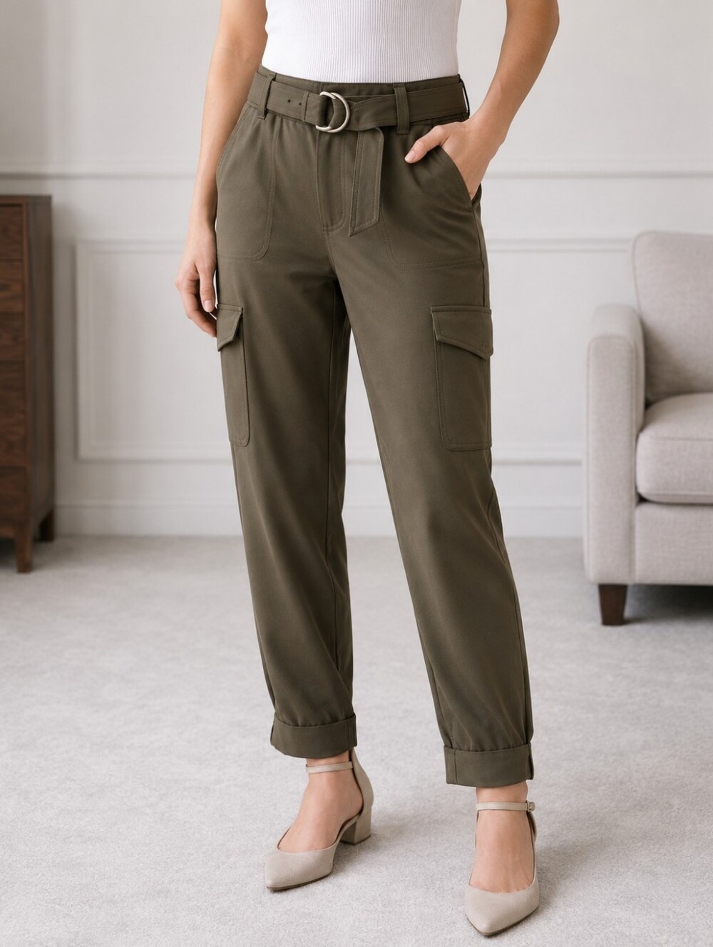 Express Olive Cargo Pants High Rise Belted Ankle Stretch Size 8 Long NWT
